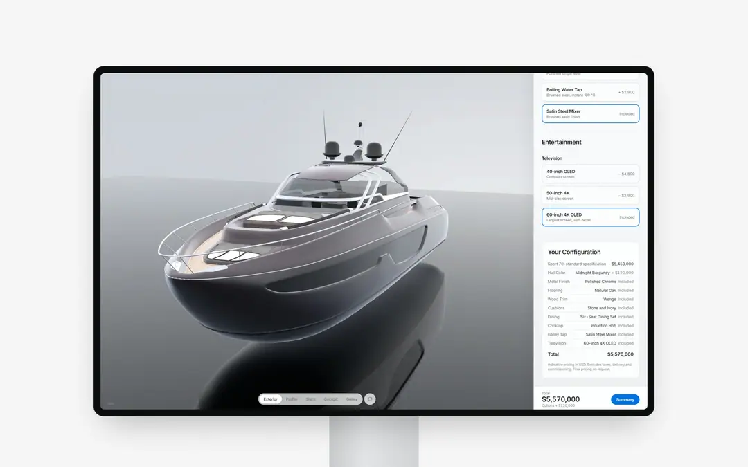 Configurator summary with the chosen options and the total, ready to send as an enquiry.