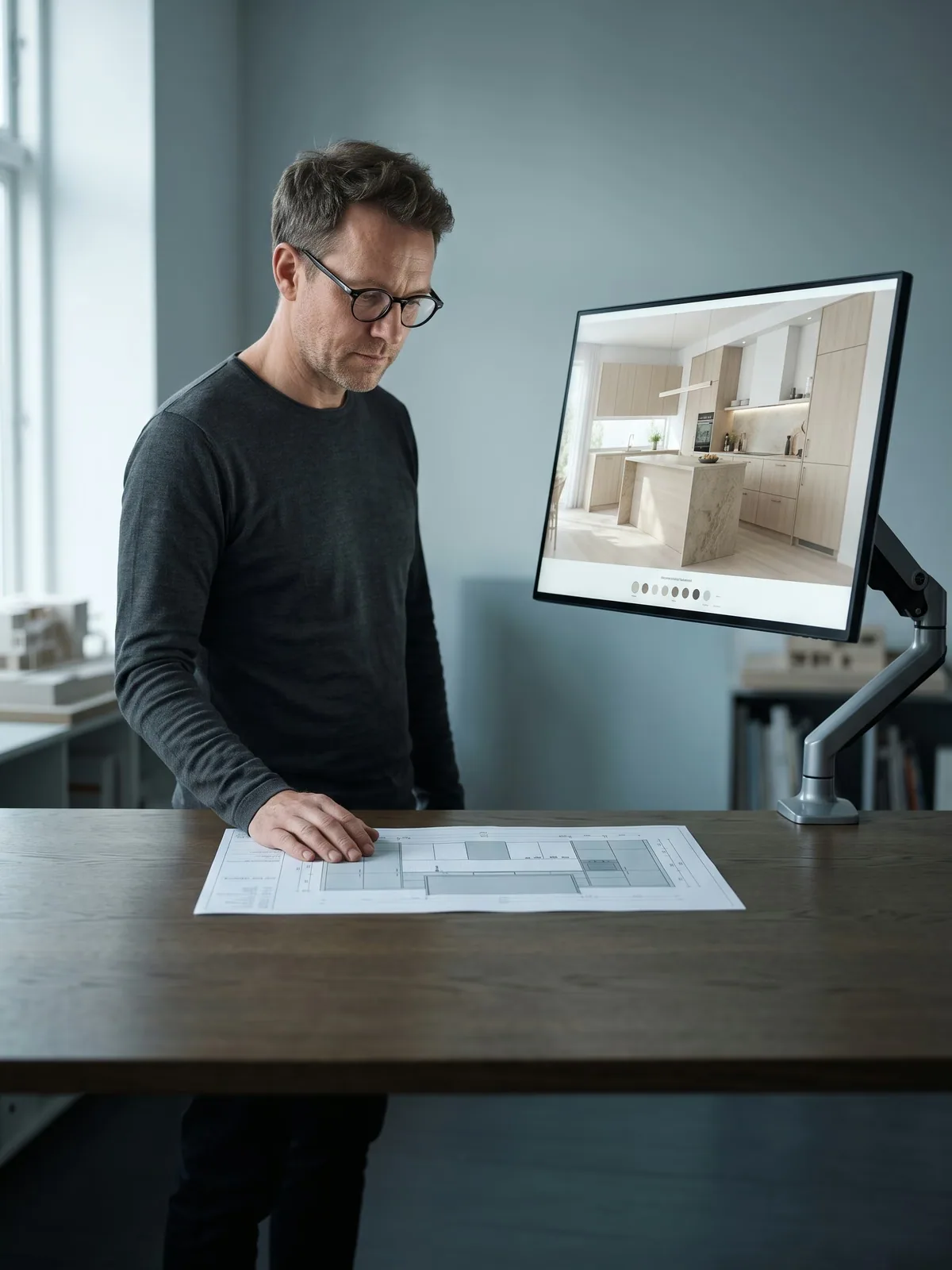 A kitchen in 3D beside its technical drawing.
