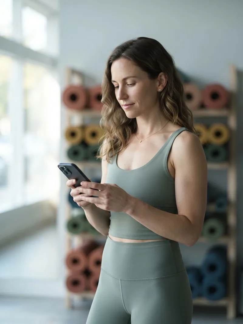 A studio owner glancing at a renewal reminder on her phone