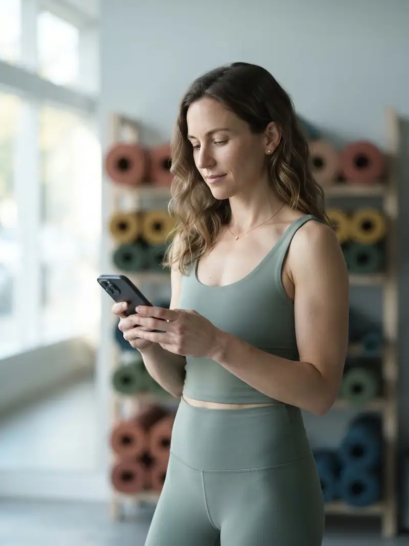 A studio owner glancing at a renewal reminder on her phone