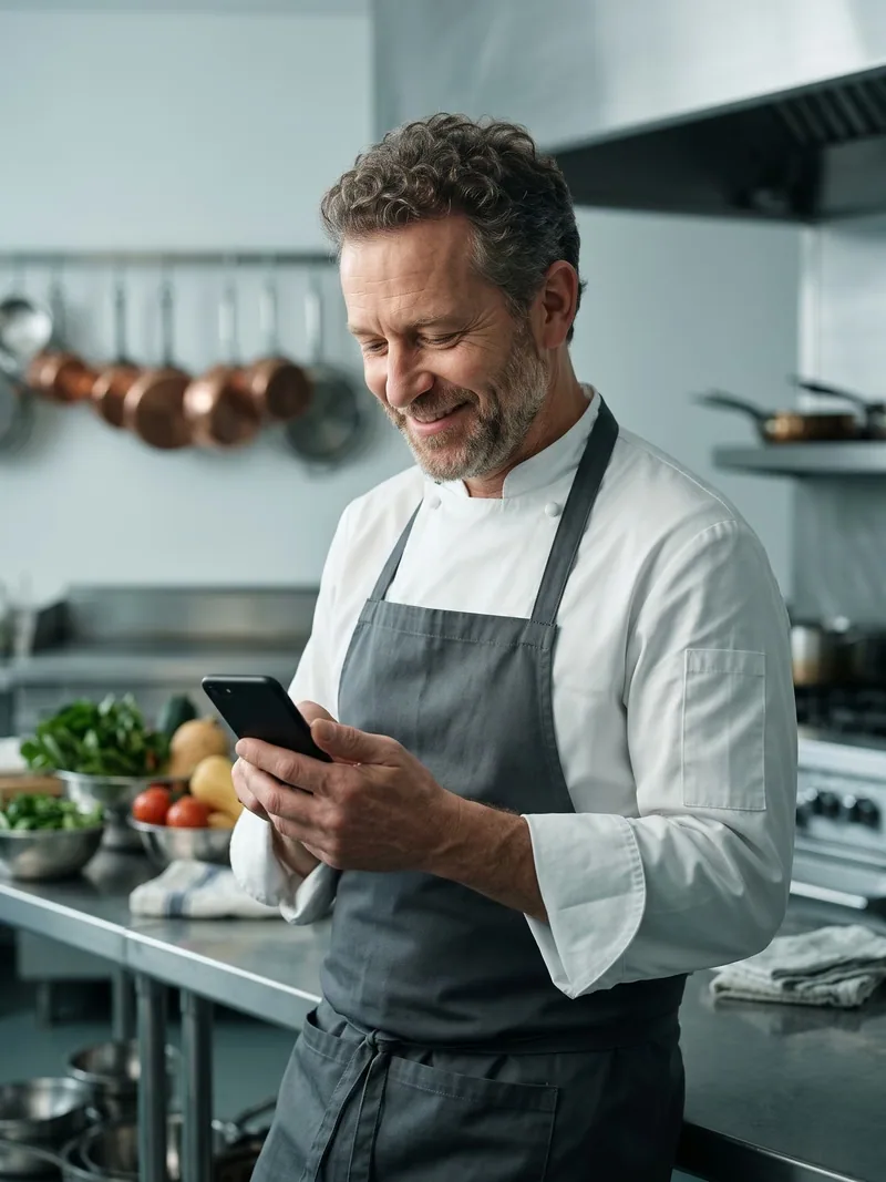 A chef reading a new Google review on his phone