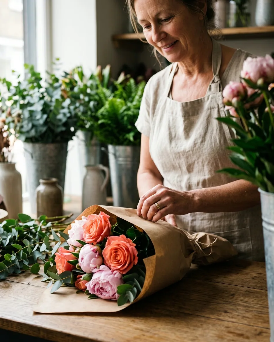 The same florist wrapping a bouquet on her counter