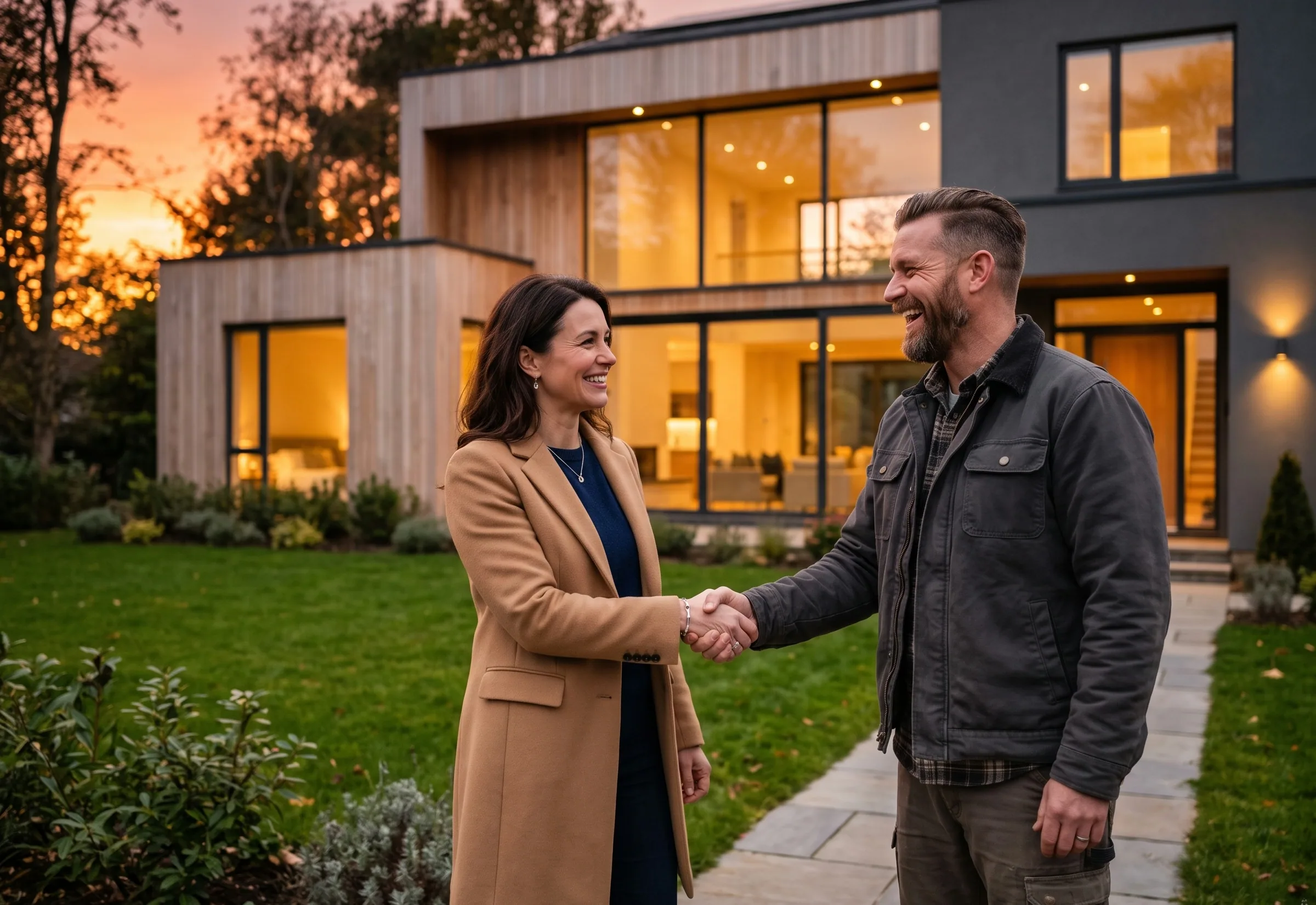 A contractor and an architect in front of a finished house