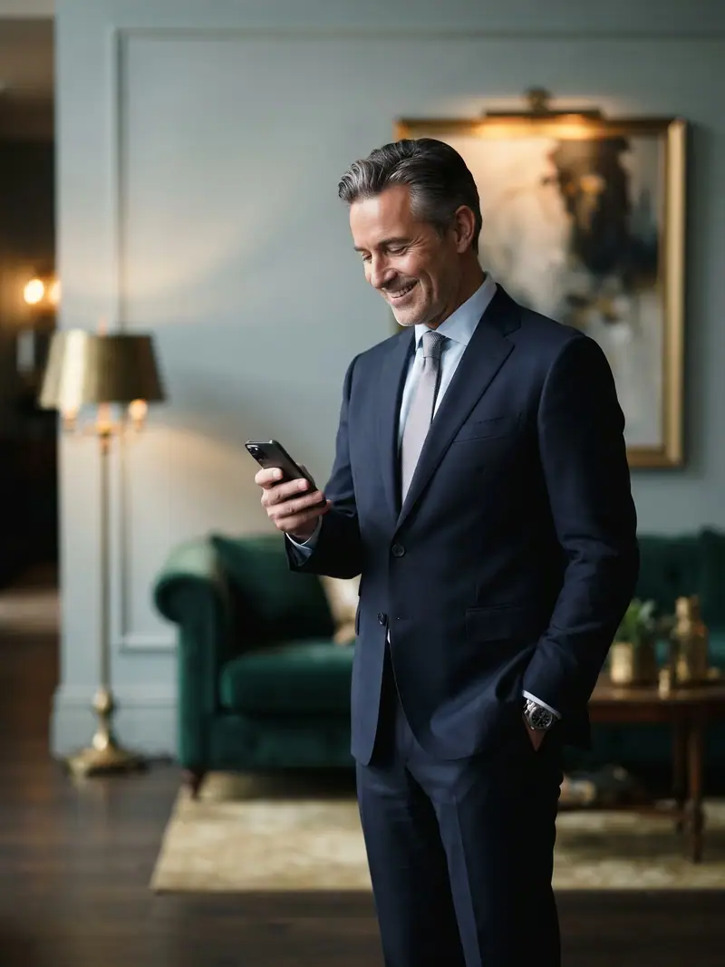A boutique hotel owner checking his phone in the lobby