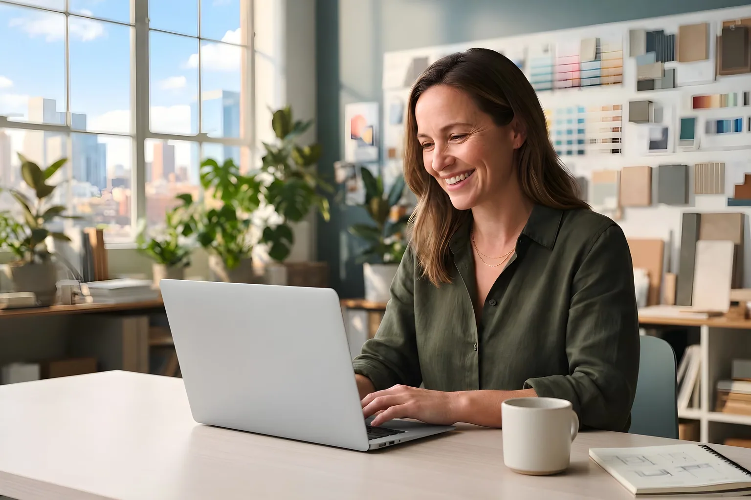 An architect smiling at her new website in her studio