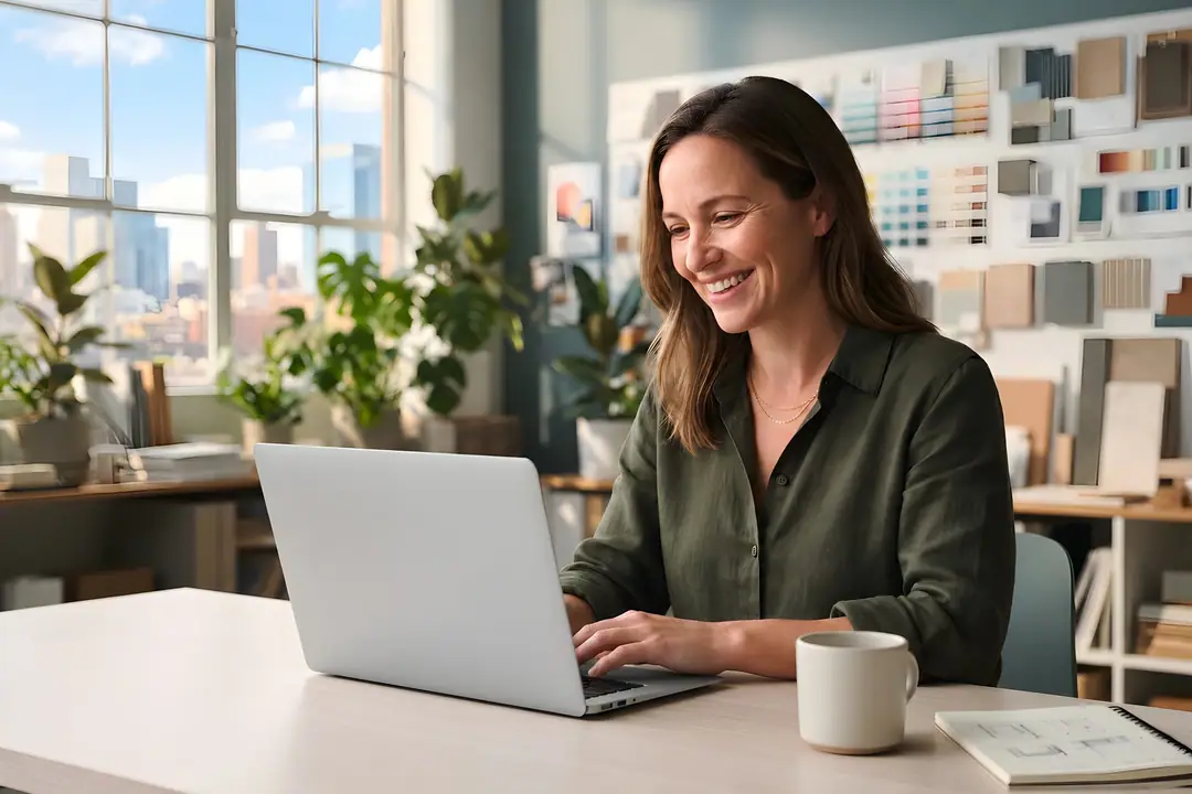An architect smiling at her new website in her studio