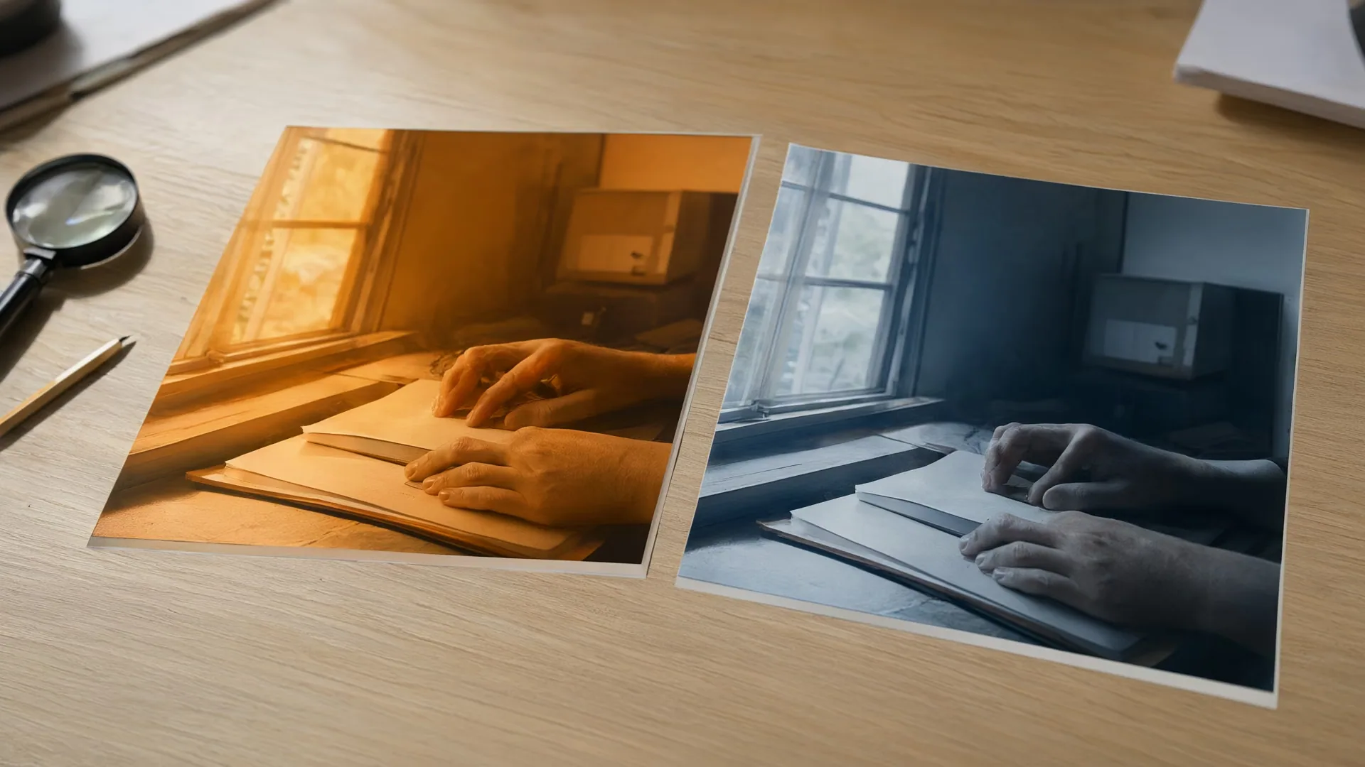 Two prints of the same interior on a wooden table, one with an amber tint and one with cool blue shadows.