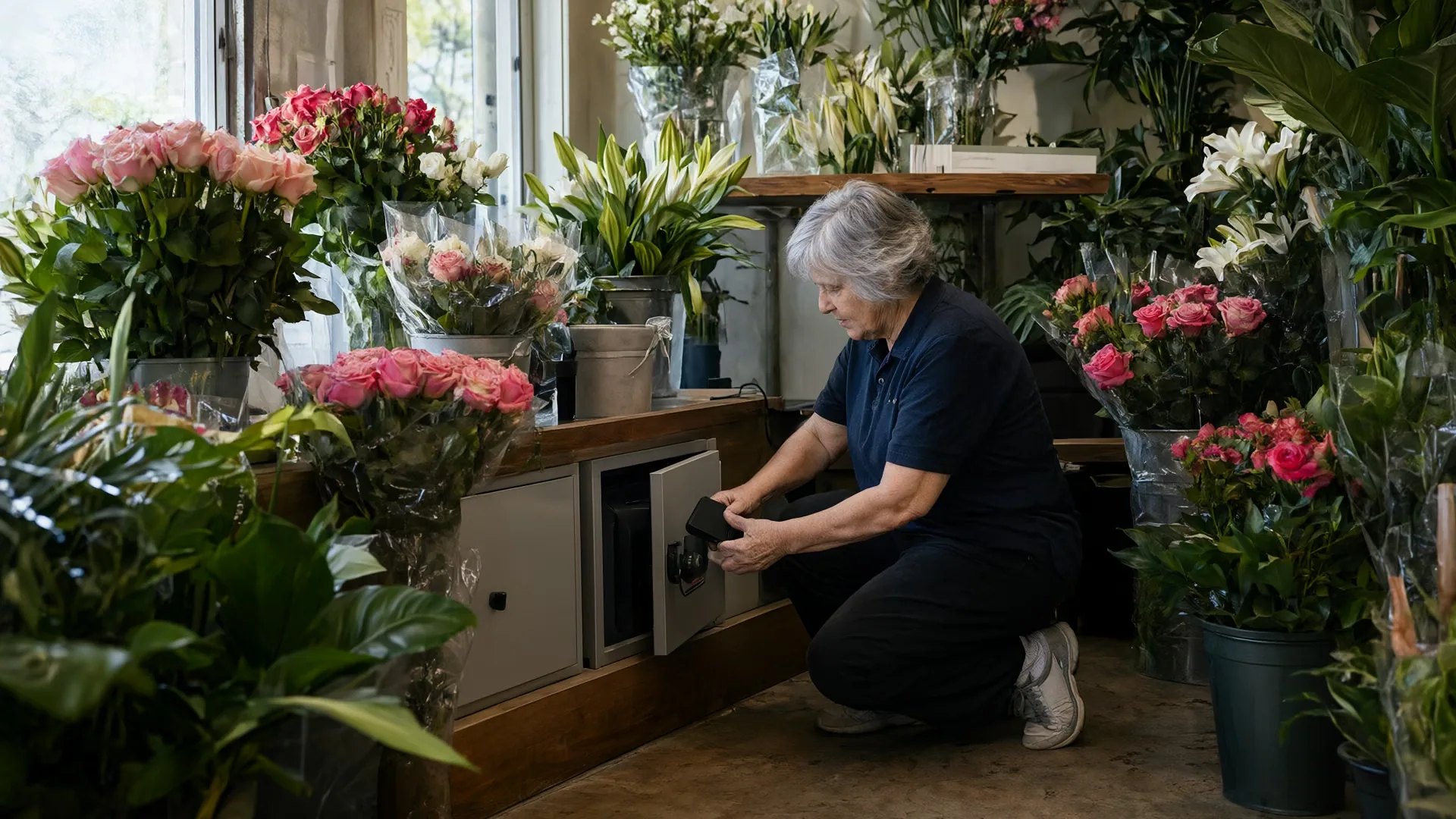 A florist kneeling behind her counter to put a small external hard drive into a fireproof safe, surrounded by fresh flowers.