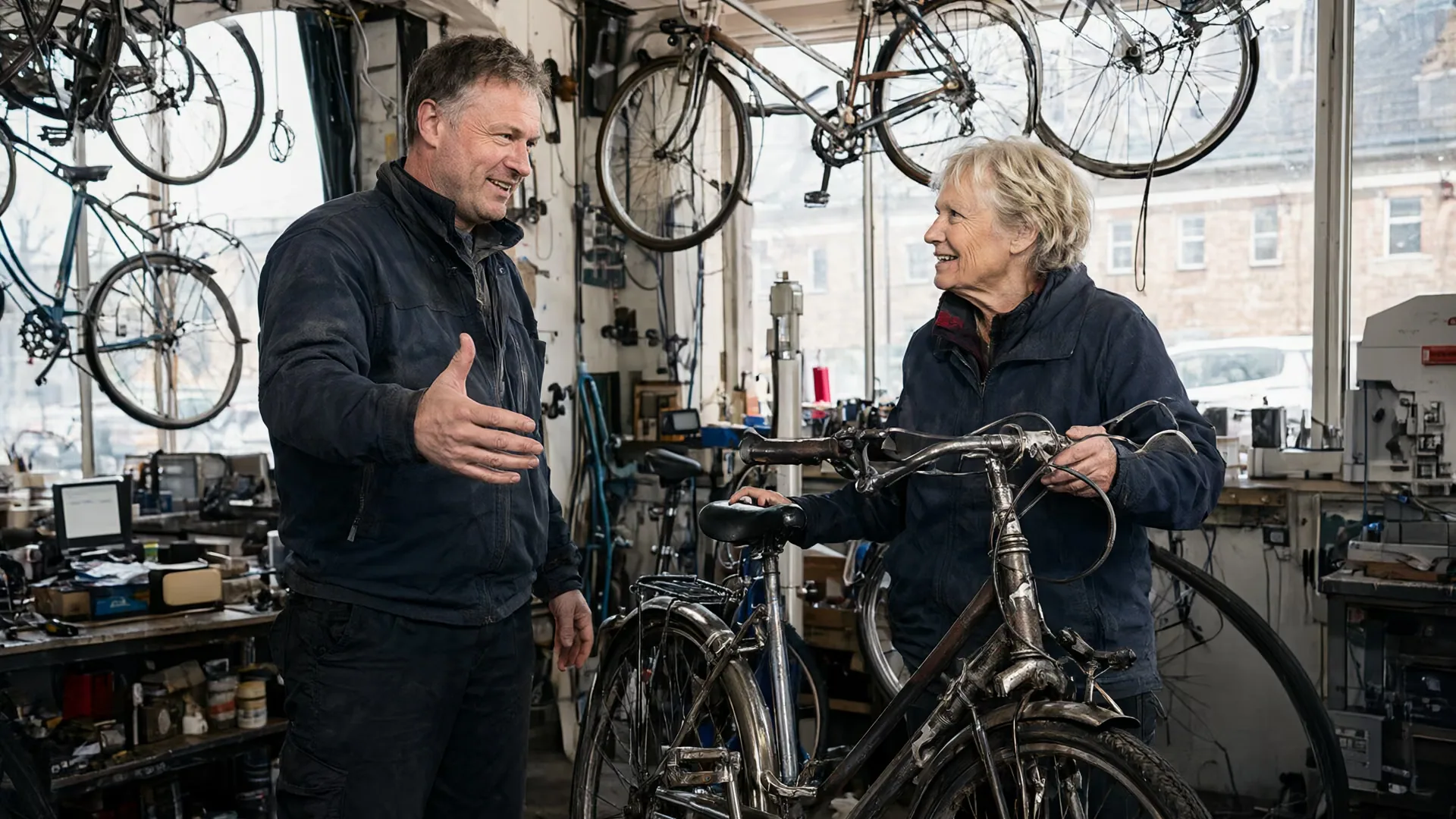 A bike shop owner welcoming a returning customer wheeling in her old bike.