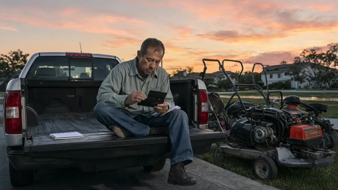 A landscaping owner working out figures with a calculator on his truck's tailgate at sunset.