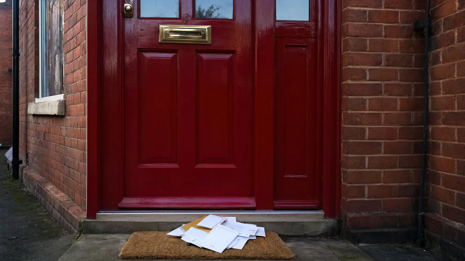 A pile of unopened mail lying on the doormat in front of a red front door.
