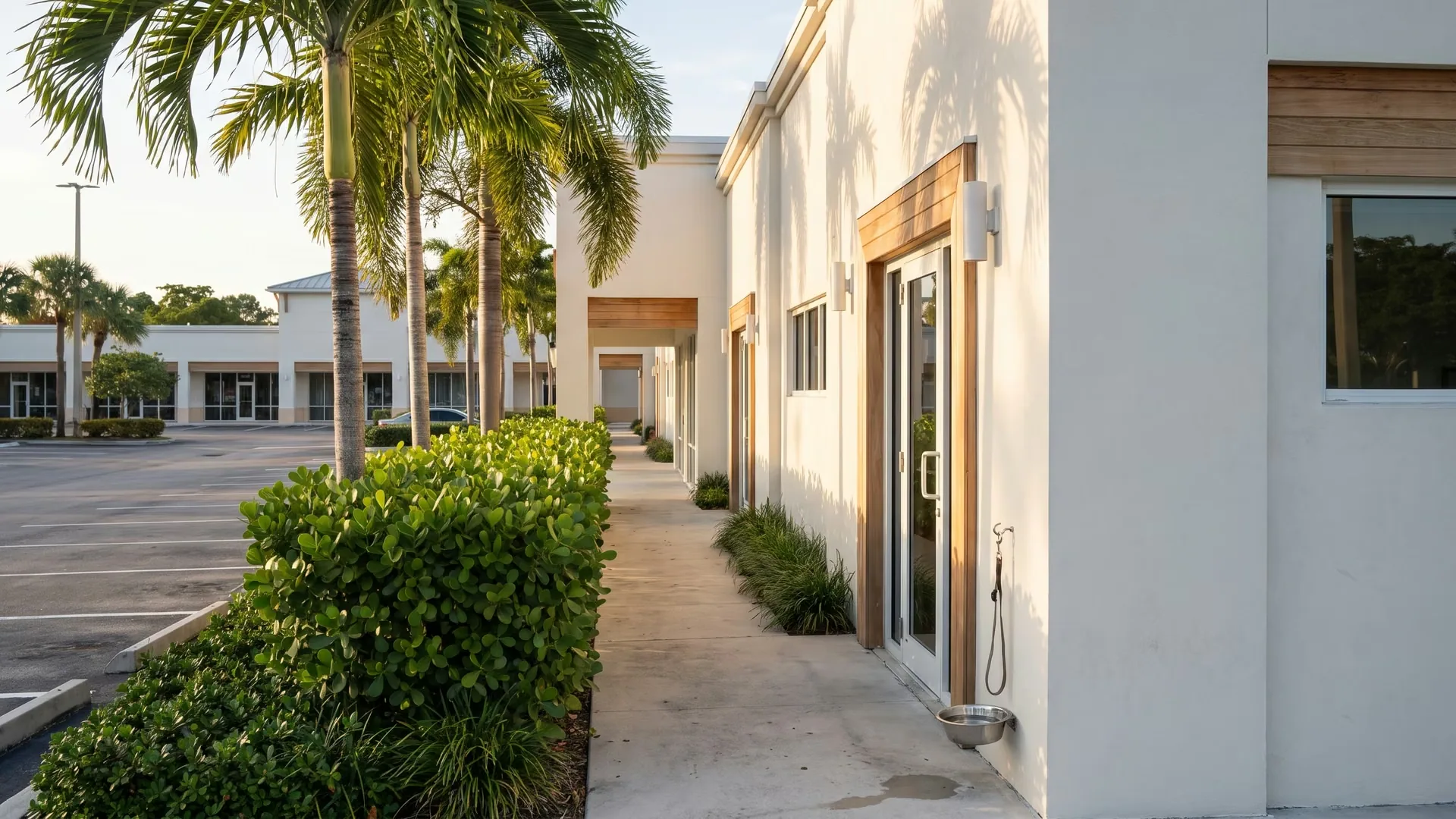A small veterinary clinic in a palm-lined South Florida plaza in late afternoon light.