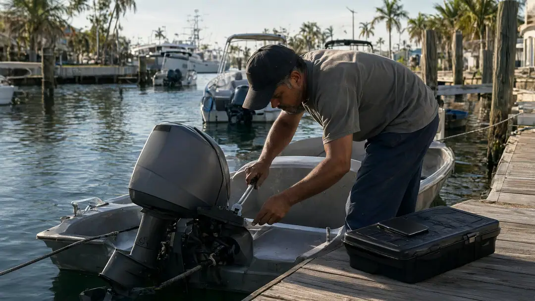 A marine mechanic working on a boat's outboard motor at a canal dock, his phone lying face down on the toolbox beside him.