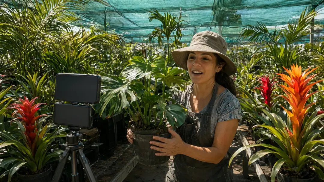 A plant nursery owner filming herself among potted tropical plants with a phone on a small tripod.