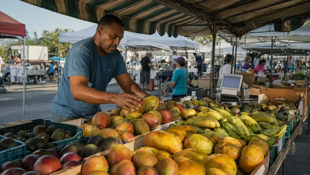 A market trader setting out mangoes and papayas at his stall on a Saturday morning.