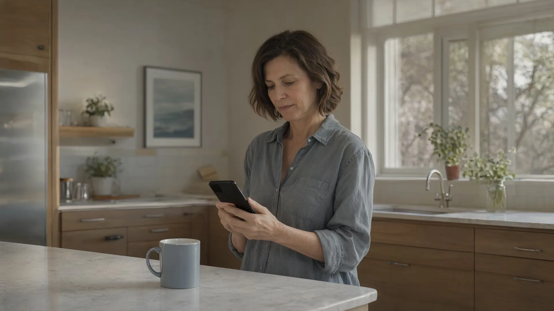 A woman checks her phone at a kitchen counter in the evening.