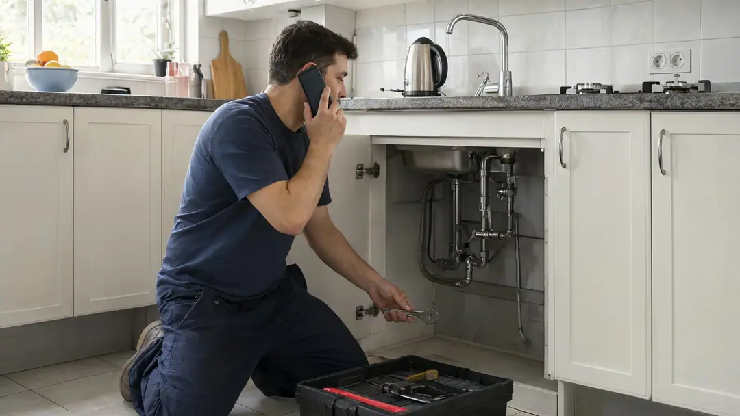 A plumber answering a phone call while kneeling at an open sink cupboard.