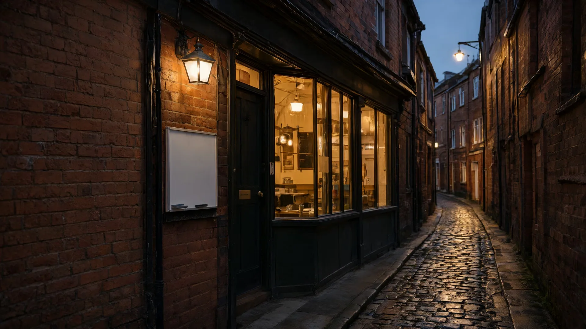 A small cafe glowing at the end of an empty cobbled back street at dusk.