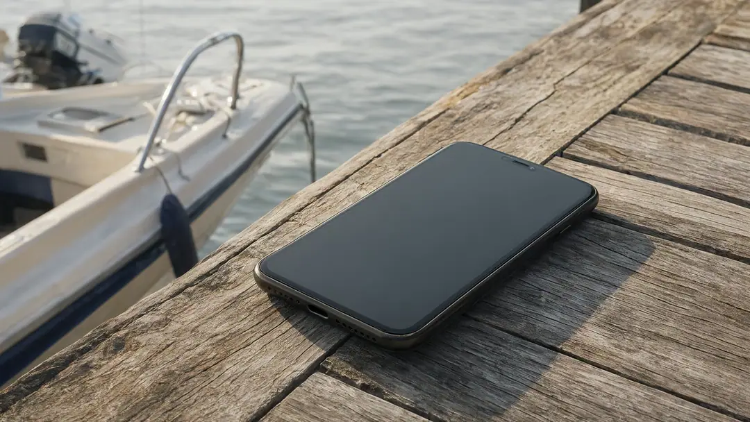 A phone lying face down on a weathered wooden dock beside a moored boat in late afternoon light.