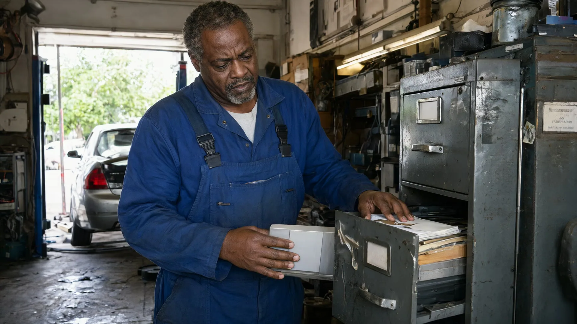 A garage owner digging through an old filing cabinet in his workshop office.
