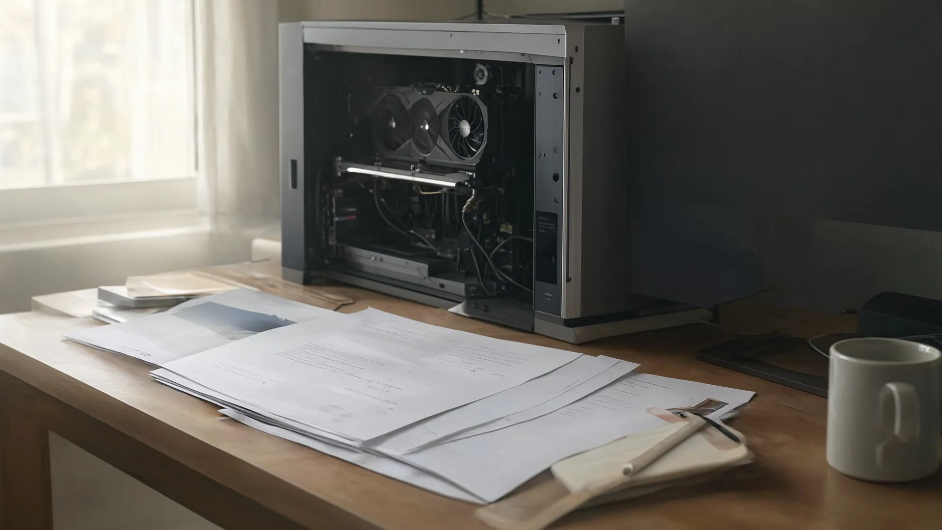A workstation tower with an open side panel sits next to a stack of marked-up printed marketing pages on a sunlit desk.