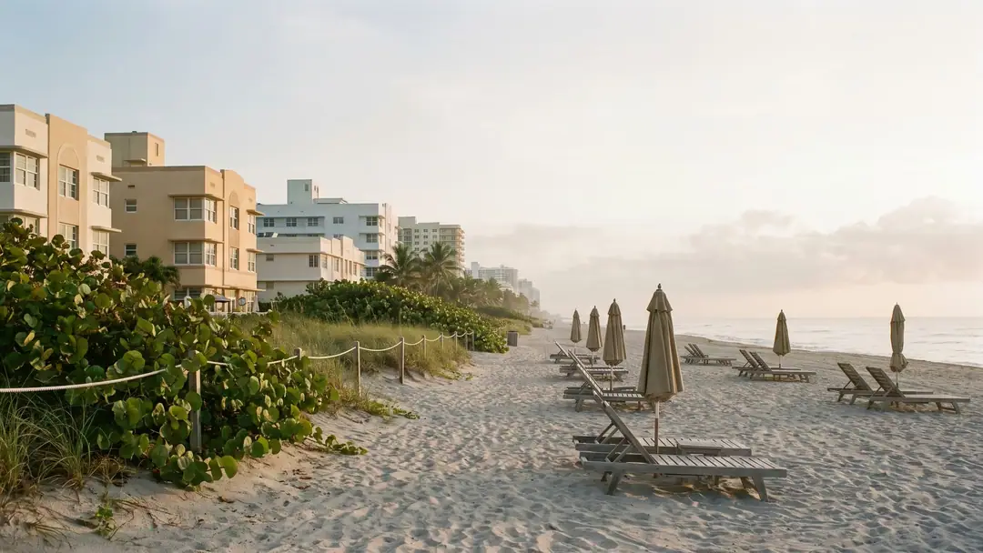 Beachfront hotels and empty lounge chairs along a South Florida beach at sunrise.