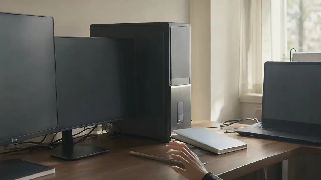 A desktop workstation tower beside a wooden desk in a quiet home office lit by afternoon sun.
