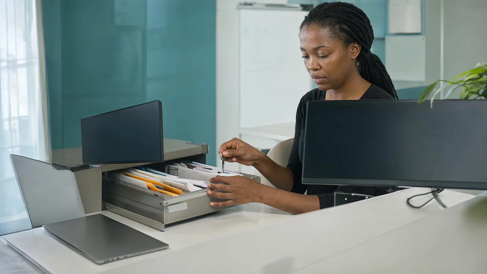 A clinic receptionist locking a filing cabinet of patient folders.