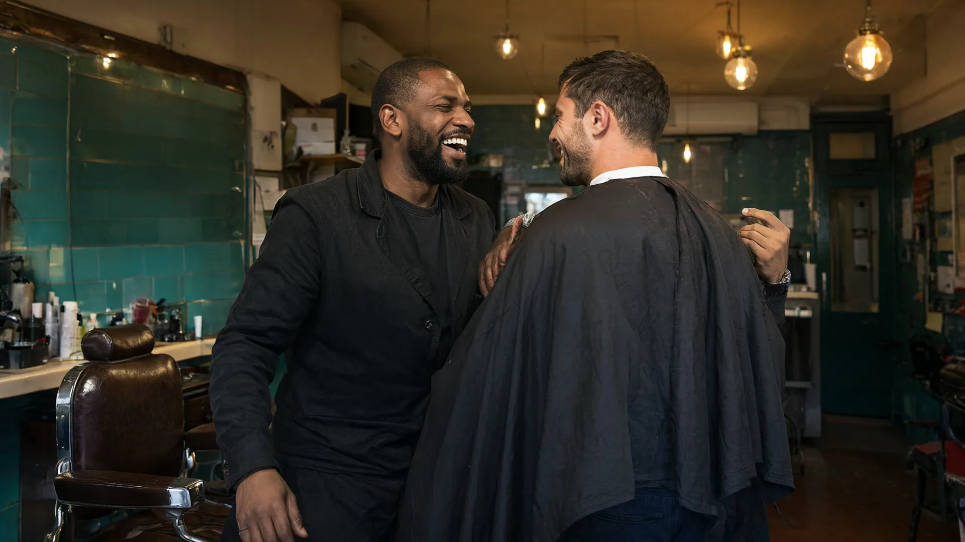 A barber and his customer sharing a laugh after a haircut in a warmly lit barbershop.