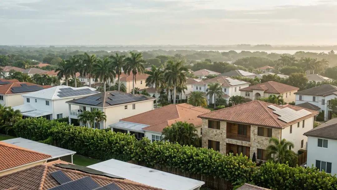 Miami-Dade suburban rooftops with solar panels among palm trees in morning light.