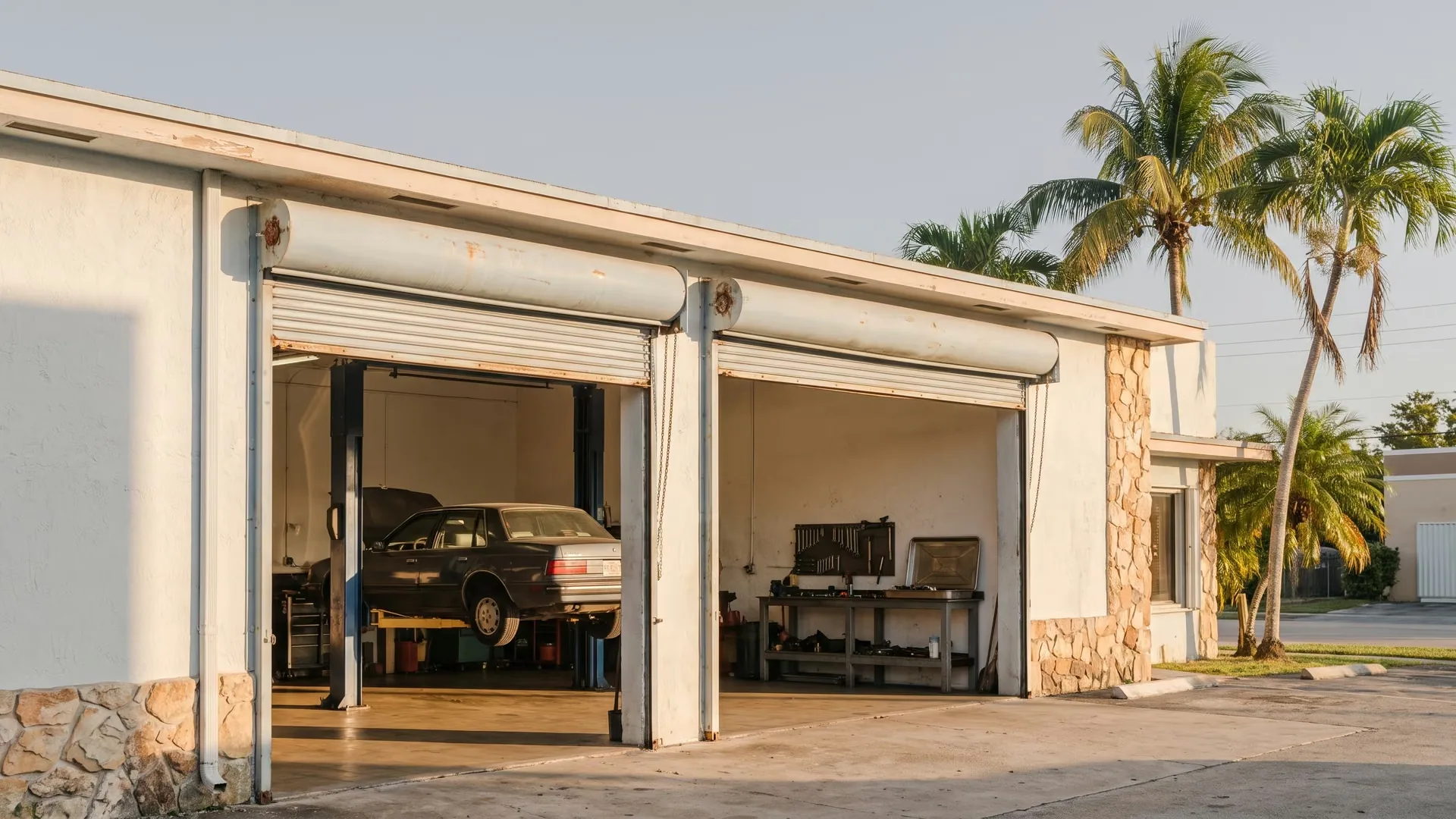 An independent auto repair shop in Hialeah with open bay doors and a sedan raised on a lift in late afternoon light.