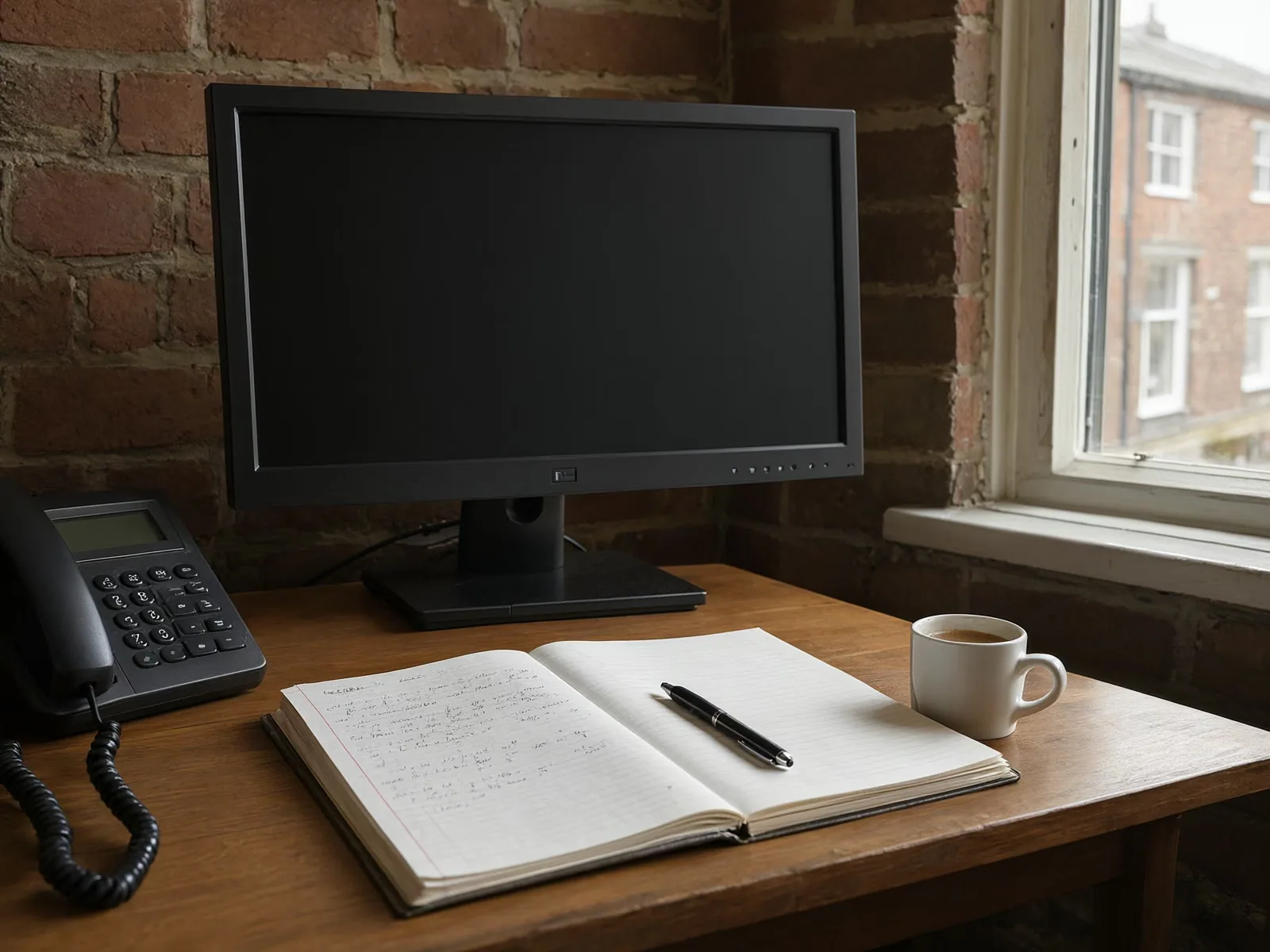 A desk with a handwritten notepad, a desk phone and a coffee mug in soft window light.