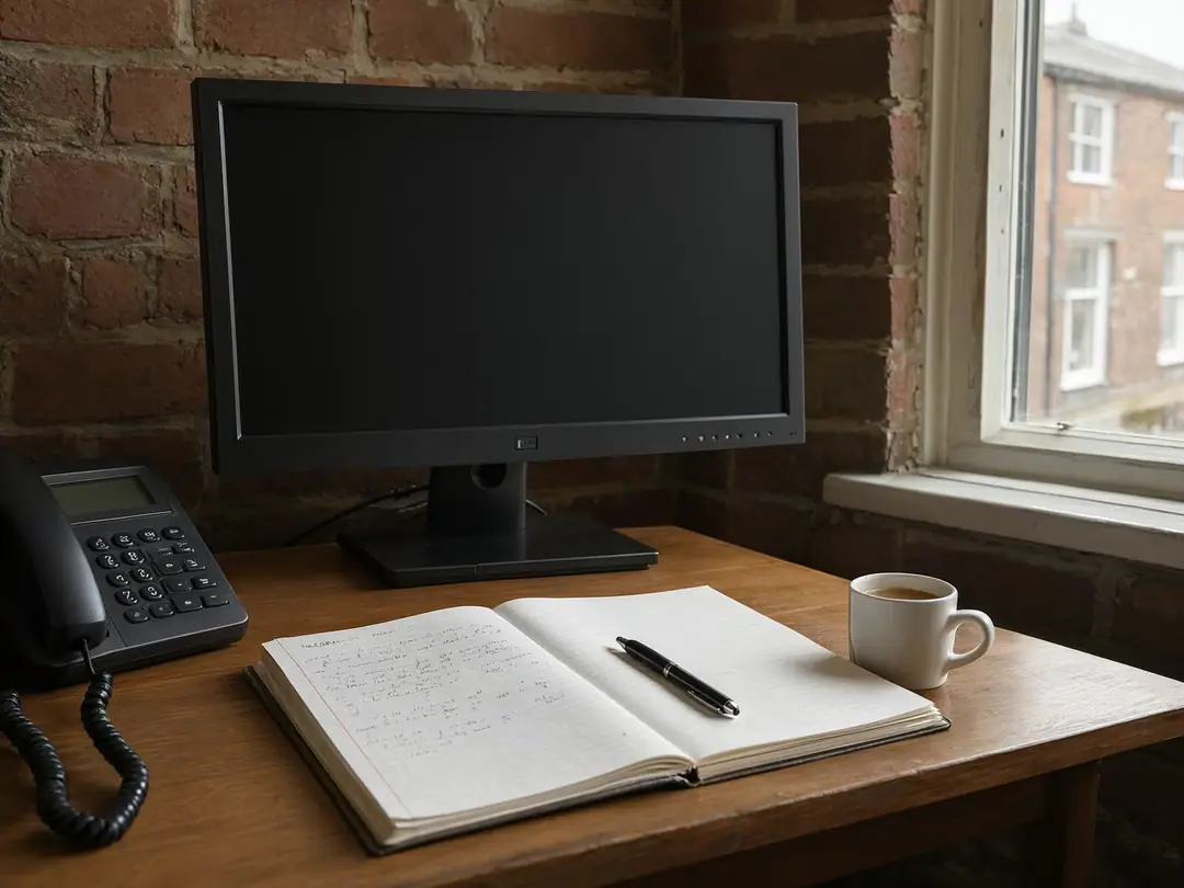 A desk with a handwritten notepad, a desk phone and a coffee mug in soft window light.