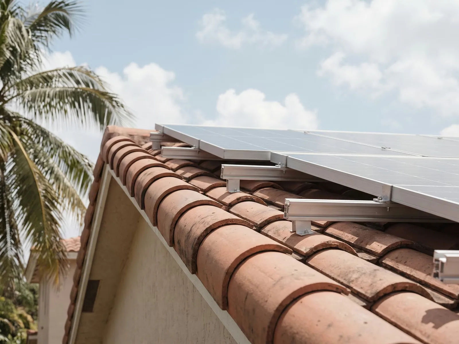 Solar panels mounted on a barrel-tile roof of a Miami home under bright sun.
