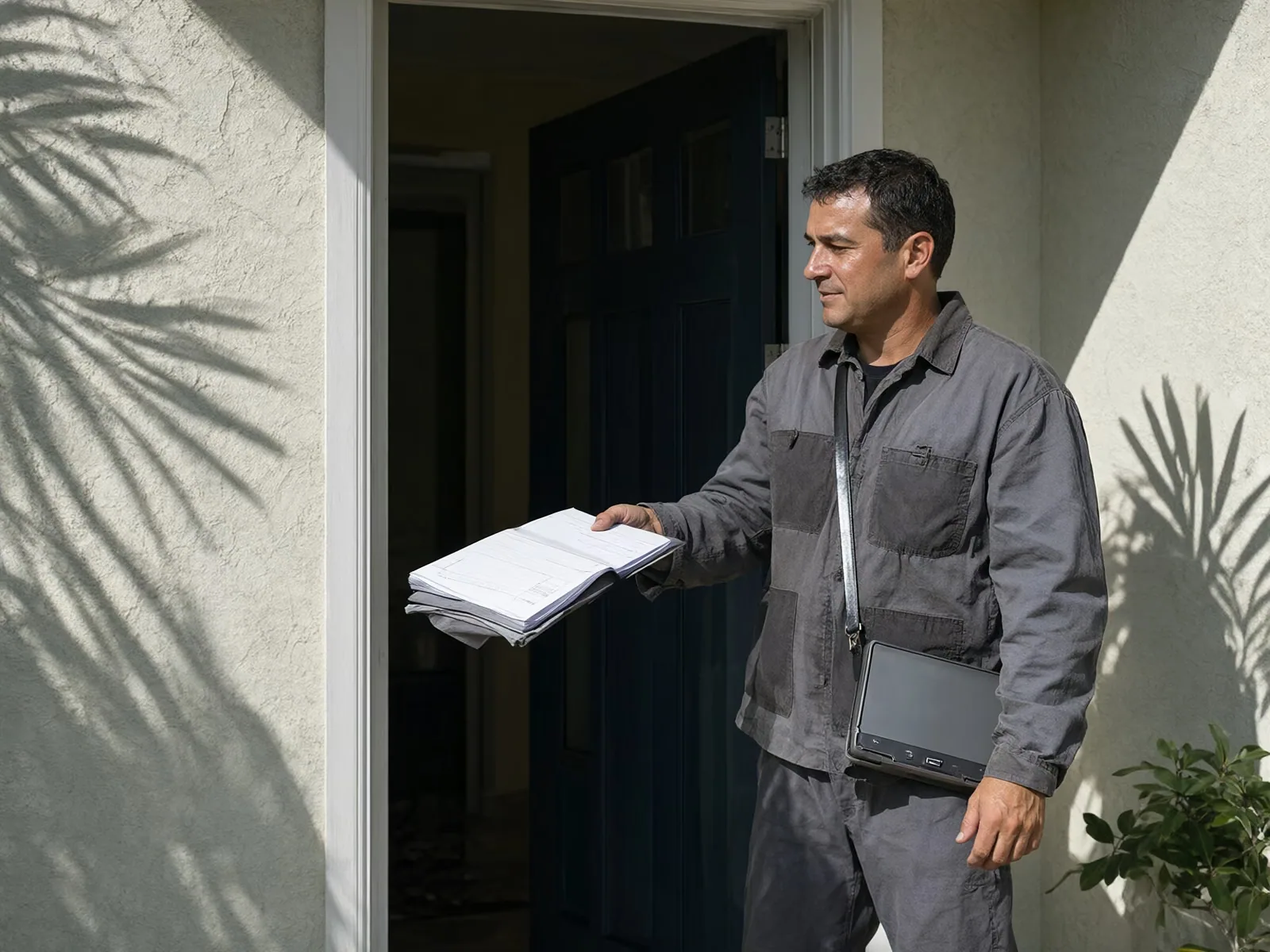 A technician hands a paper invoice to a homeowner at the front door of a sunny Florida house.