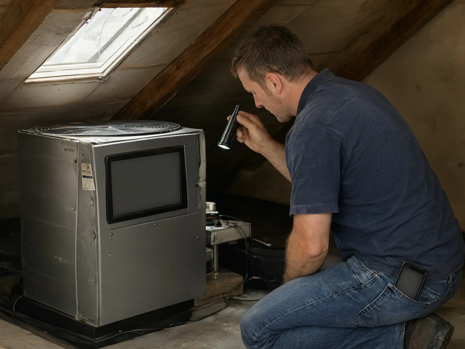 A technician working on an air conditioning unit in a hot attic with a phone in a back pocket.