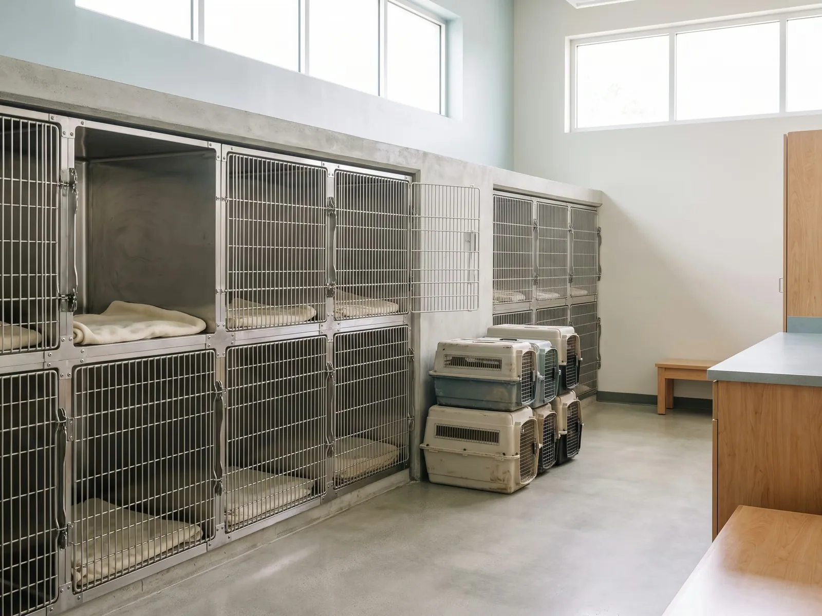 Rows of cat kennels with folded blankets in a sunlit animal shelter intake room.