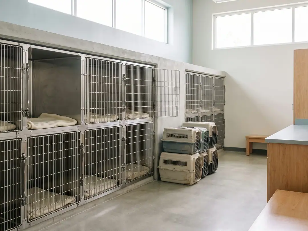 Rows of cat kennels with folded blankets in a sunlit animal shelter intake room.