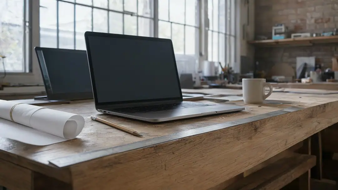 A worn oak workbench in a bright workshop with a laptop, a rolled-up paper plan, a pencil and a mug.