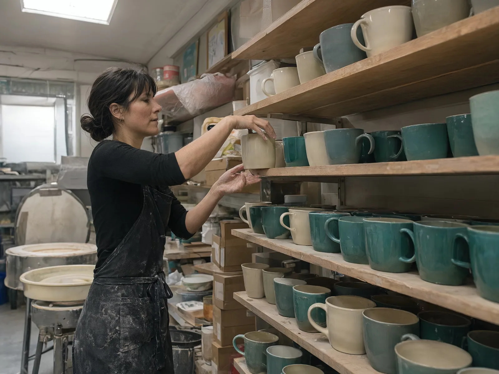 A potter shelving a fresh batch of glazed mugs in her studio.