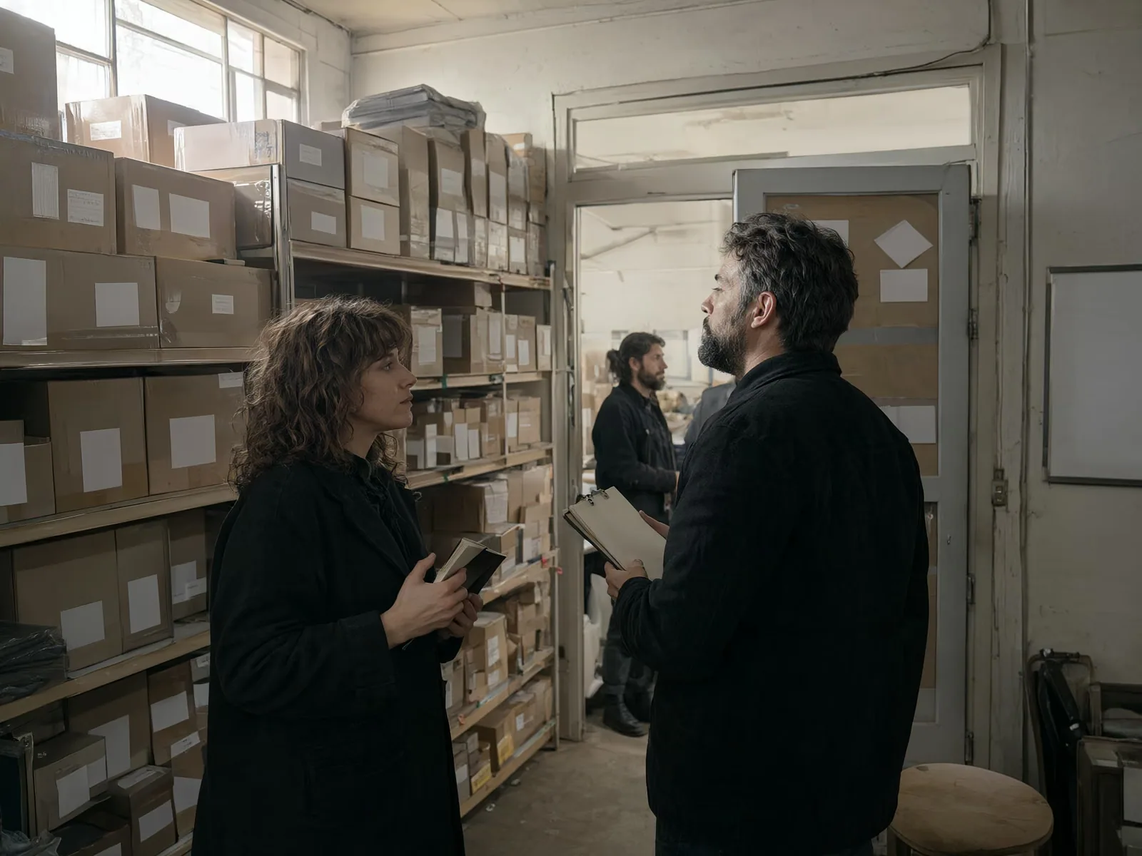 A shop owner and an employee talk in a stockroom while checking what happened during a shift.