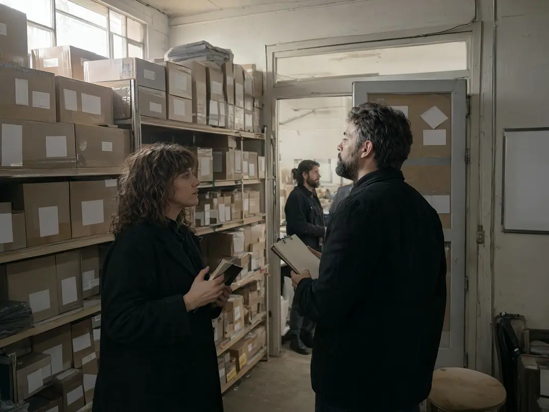 A shop owner and an employee talk in a stockroom while checking what happened during a shift.