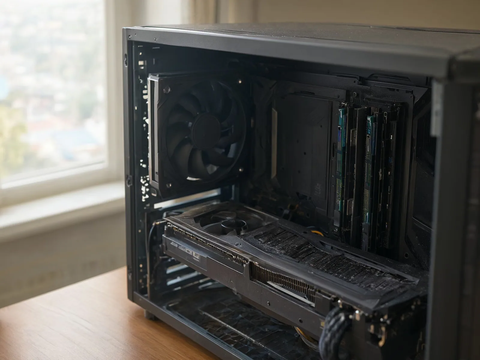 Close-up of a graphics card and memory modules inside an open desktop computer case.