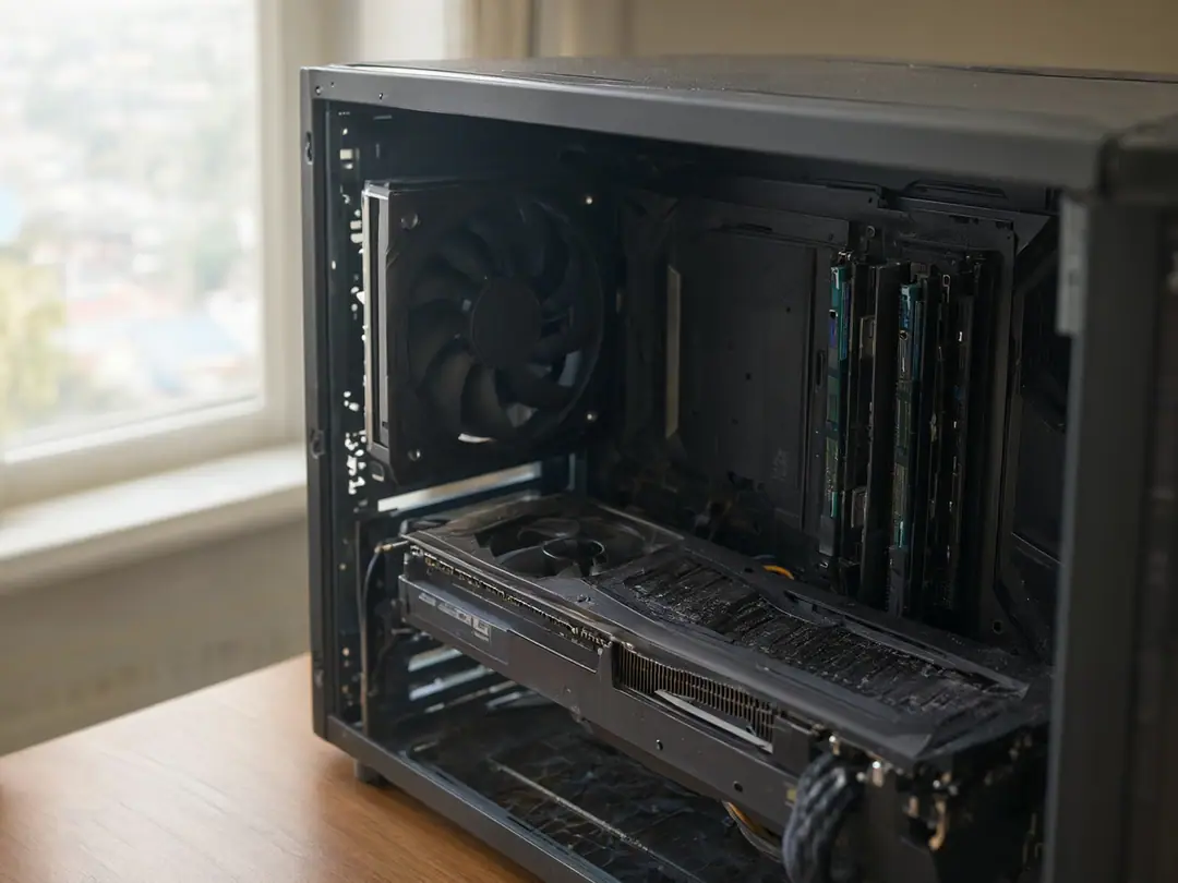 Close-up of a graphics card and memory modules inside an open desktop computer case.