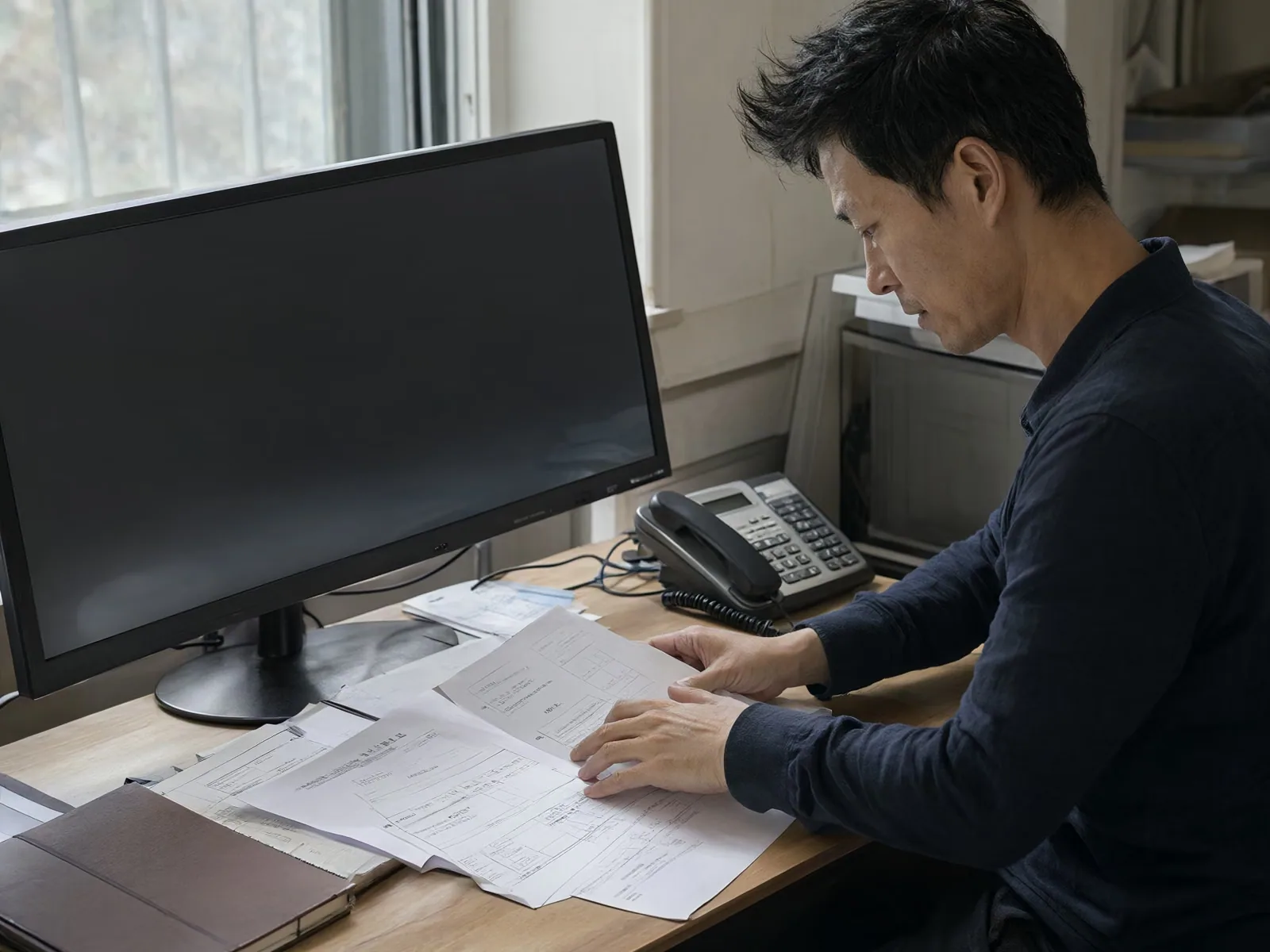 A business owner sorting through paper invoices at a desk in a back office.