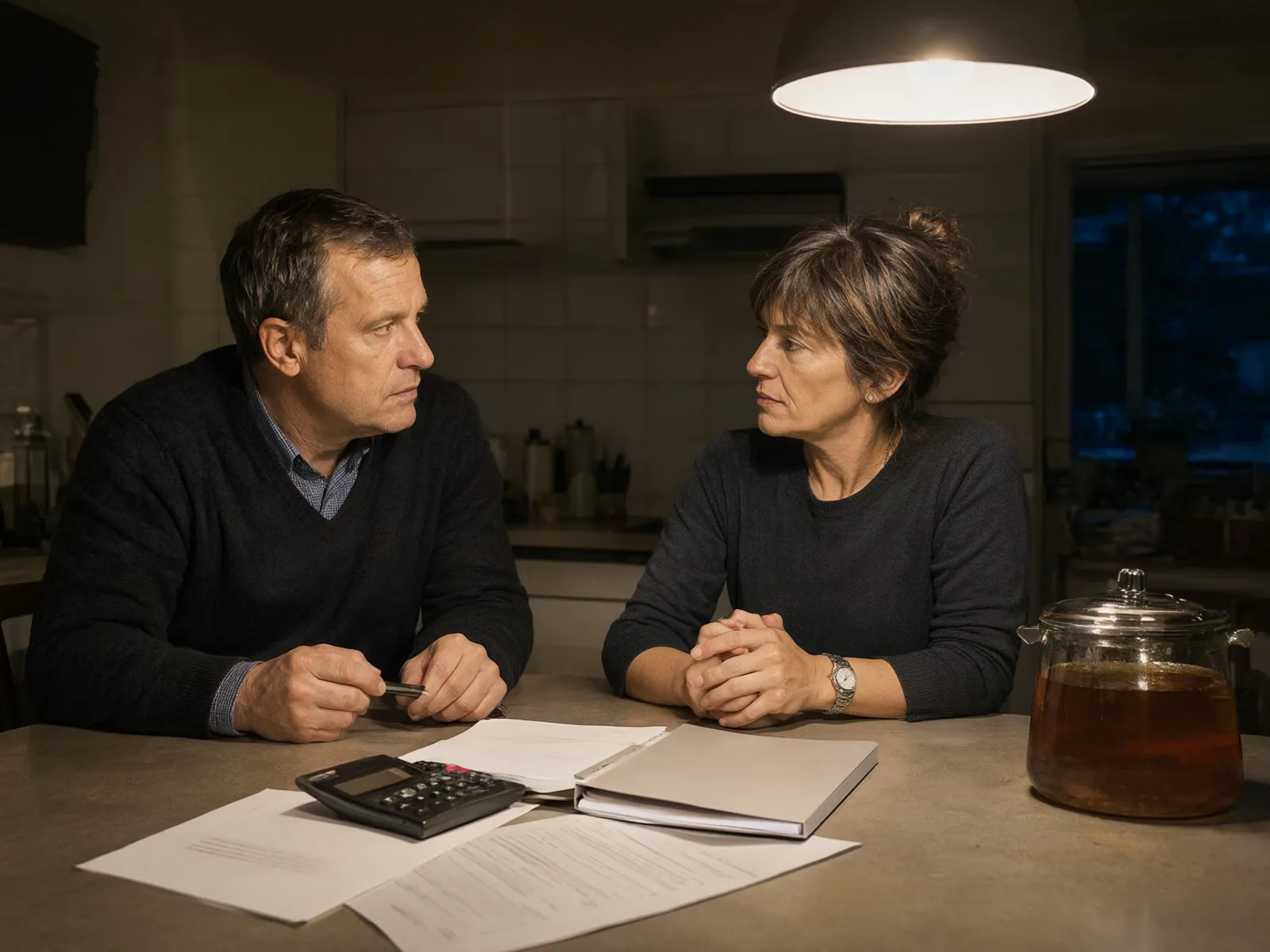 A couple discussing their business budget at the kitchen table at night.