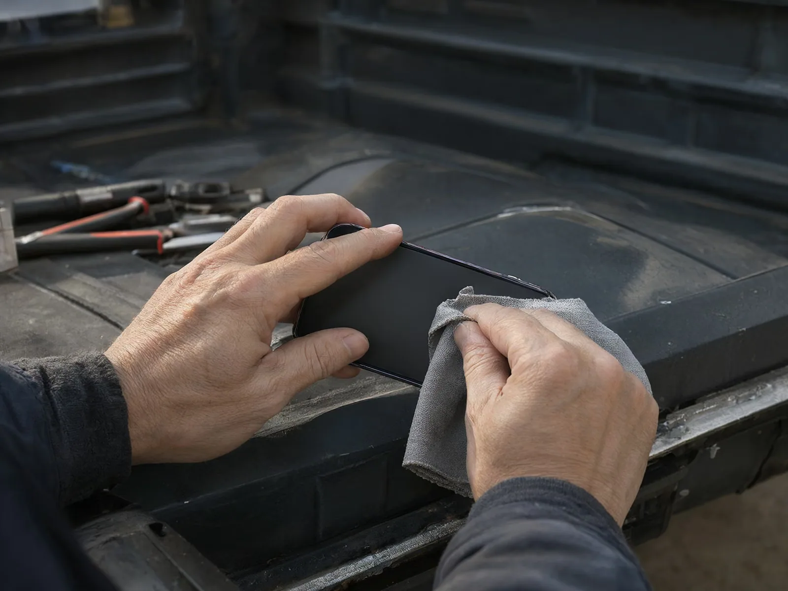 Hands wipe a phone's camera lens with a soft cloth on the back of a work truck.