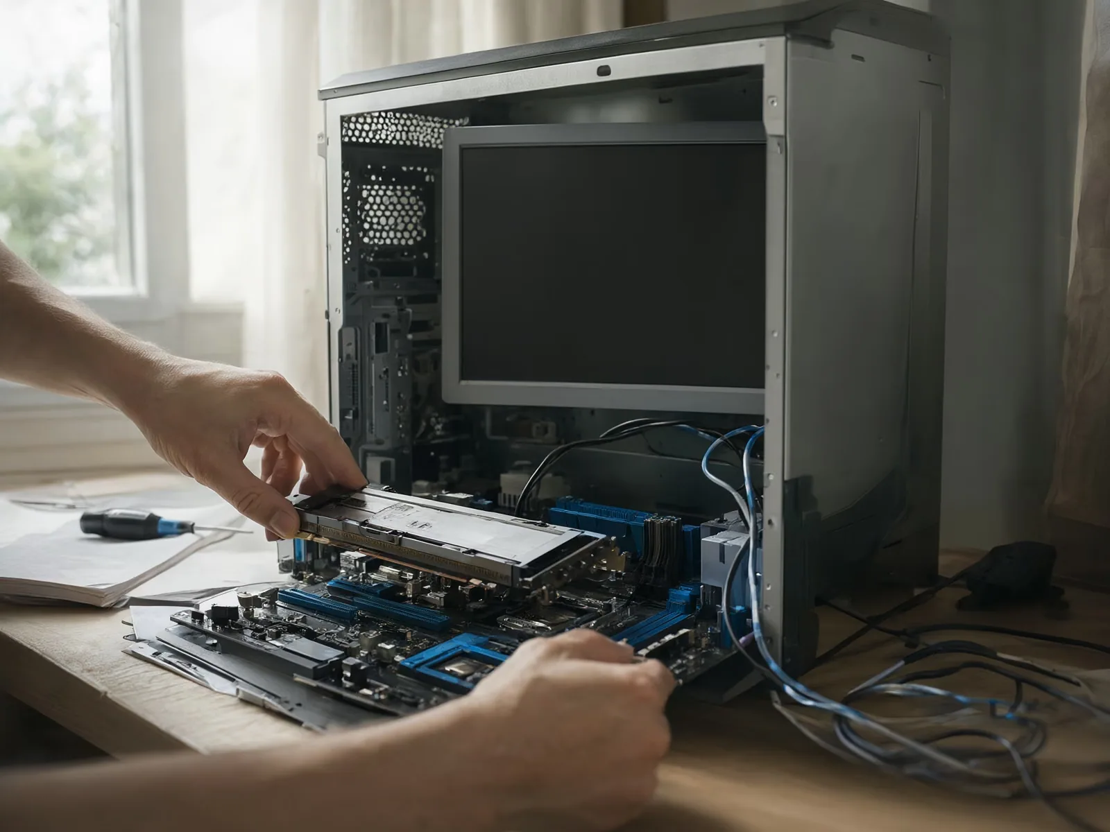 Hands installing a large graphics processor into an open desktop computer on a workbench.