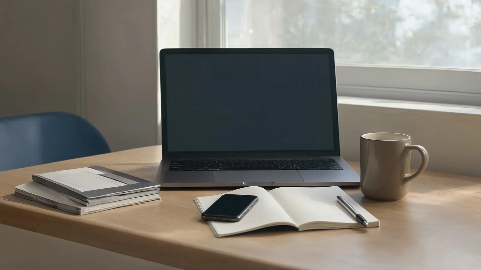 An office desk with a closed laptop and an older phone with its screen off, lit by window daylight.