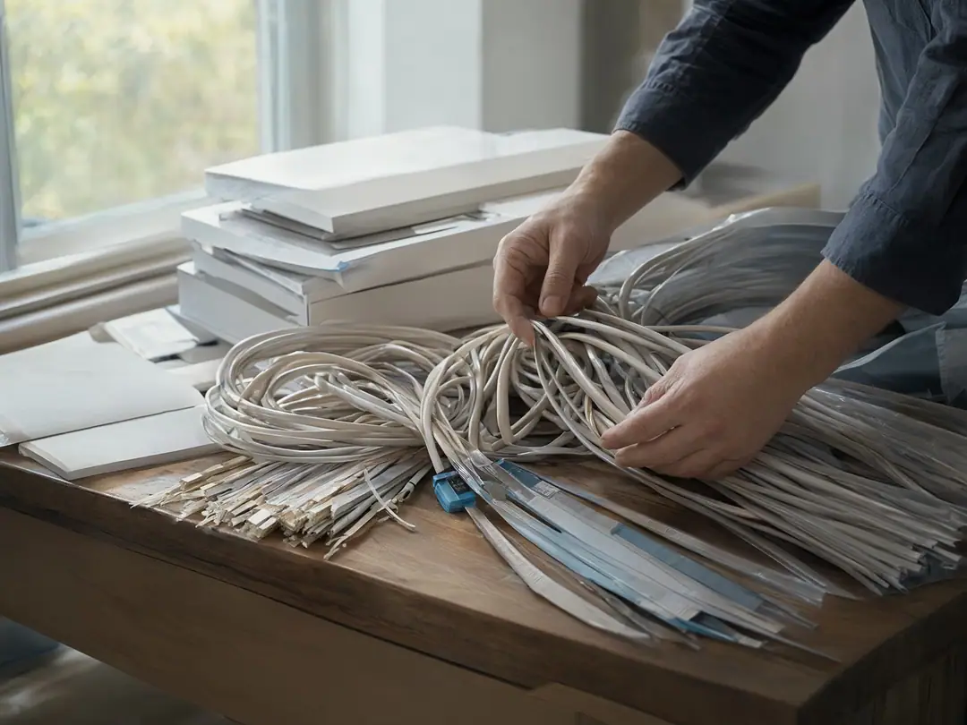A technician's hands sorting bundles of network cables on a workbench.